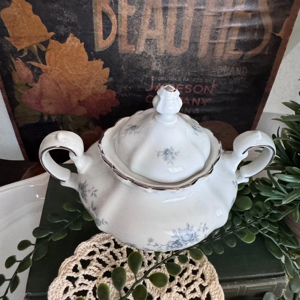 Johann Haviland Blue Garland Sugar Bowl with Lid Bavaria Germany Platinum Trim